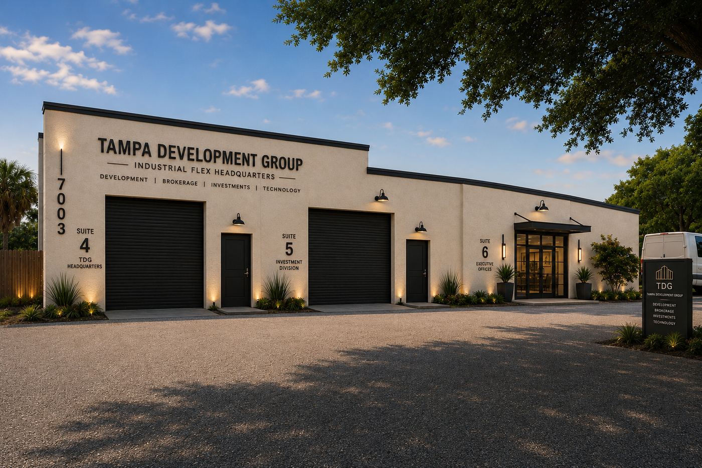 Renovation rendering: repainted elevation with building-mounted brand signage, suite identification, black roll-up doors, entry canopy, uplighting and landscape beds