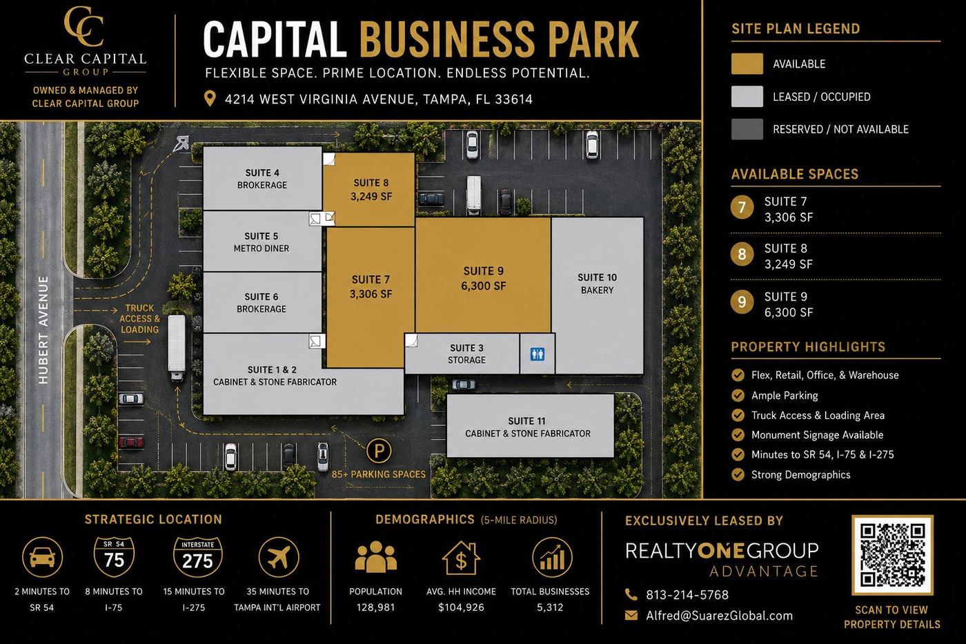 Capital Business Park site plan showing suite layout, truck access, loading and parking