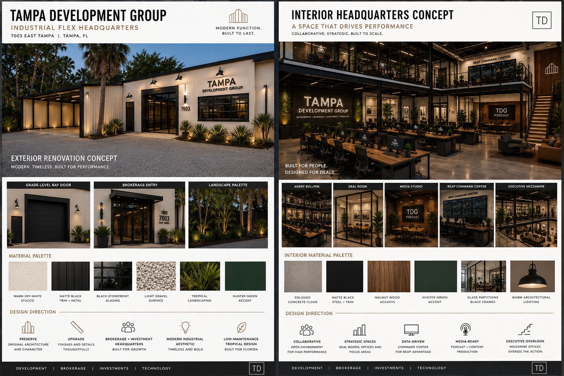Style guide concept board: exterior renovation concept with material palette of warm off-white stucco, matte black trim, black storefront glazing, light gravel, tropical landscaping and hunter green accents; interior concept with polished concrete, matte black steel, walnut wood, glass partitions and warm architectural lighting